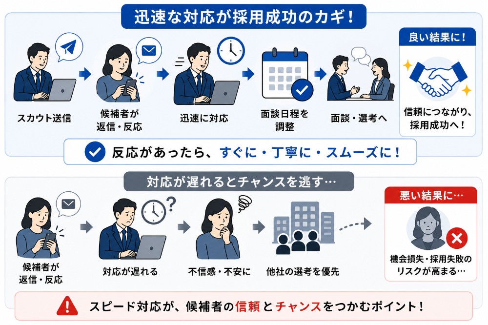採用プロセスの迅速な対応と遅延による効果比較
