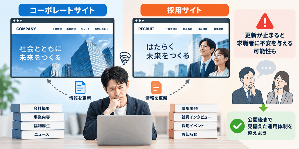 企業サイトと採用サイトの更新に悩む男性