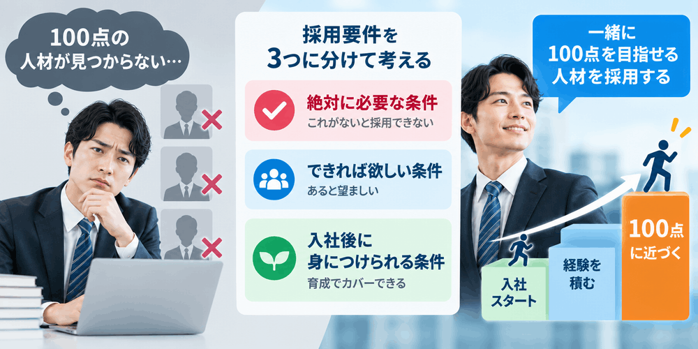 採用要件を見直す男性と人材獲得イメージ